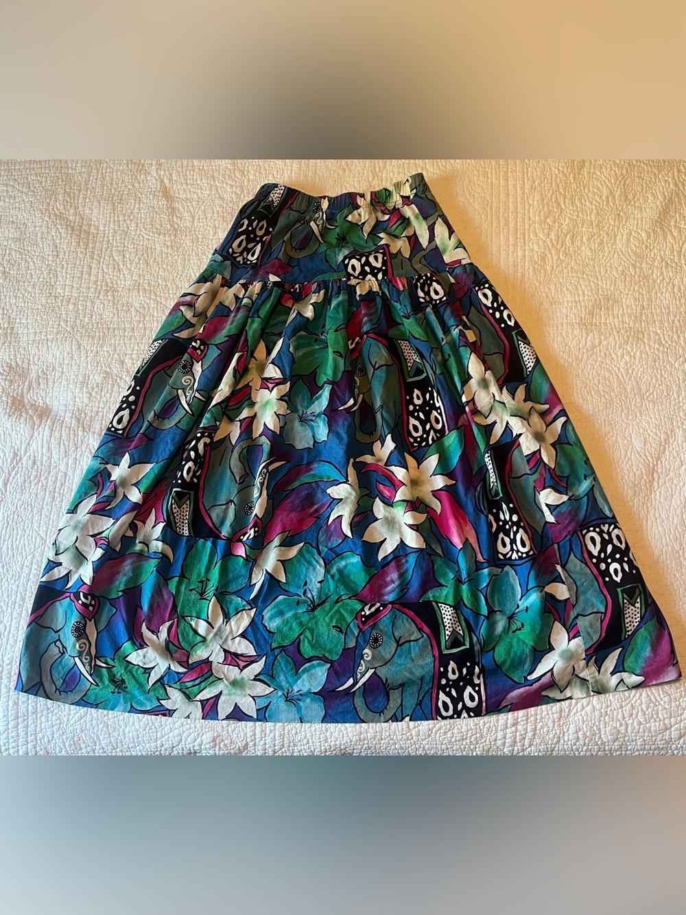 Vintage Blue Green & Magenta Tropical Jungle Maxi Skirt